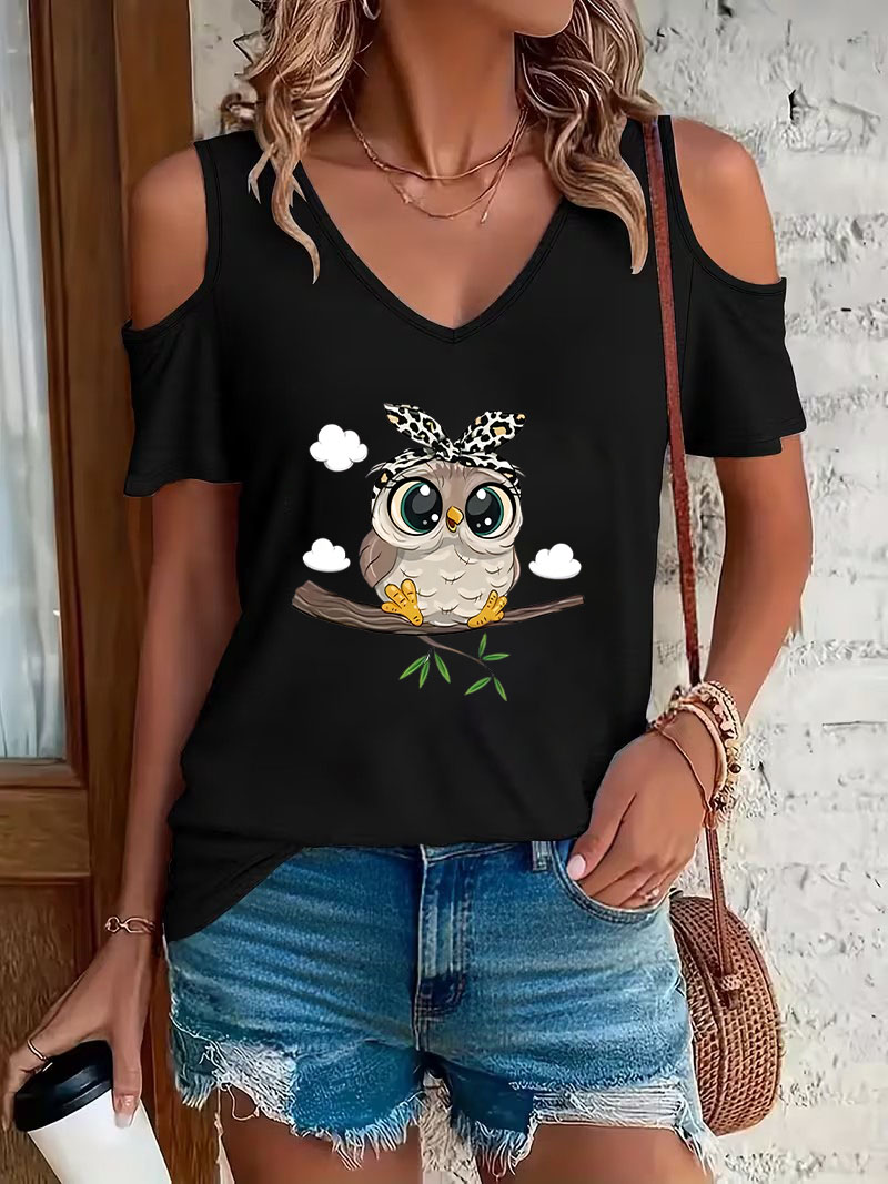 Trendy Cartoon Owl Print Off-S - Summer Clothing Drop recension och pris