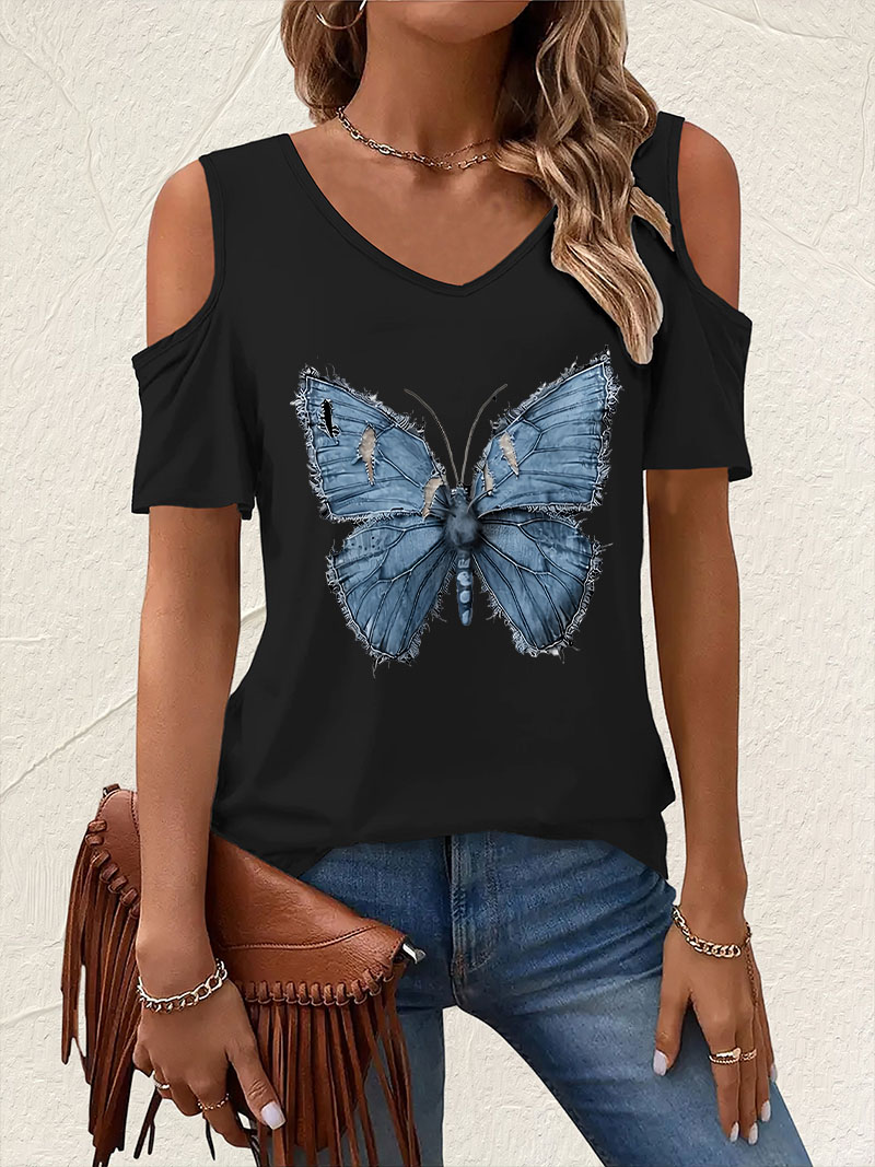 Vintage V-Neck Butterfly Print - Summer Clothing Drop recension och pris